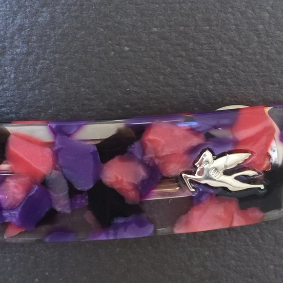 ETRO Milano Made in ITALY Purple Red HAIR CLIP Silver Plated PEGASUS 3.75x1\